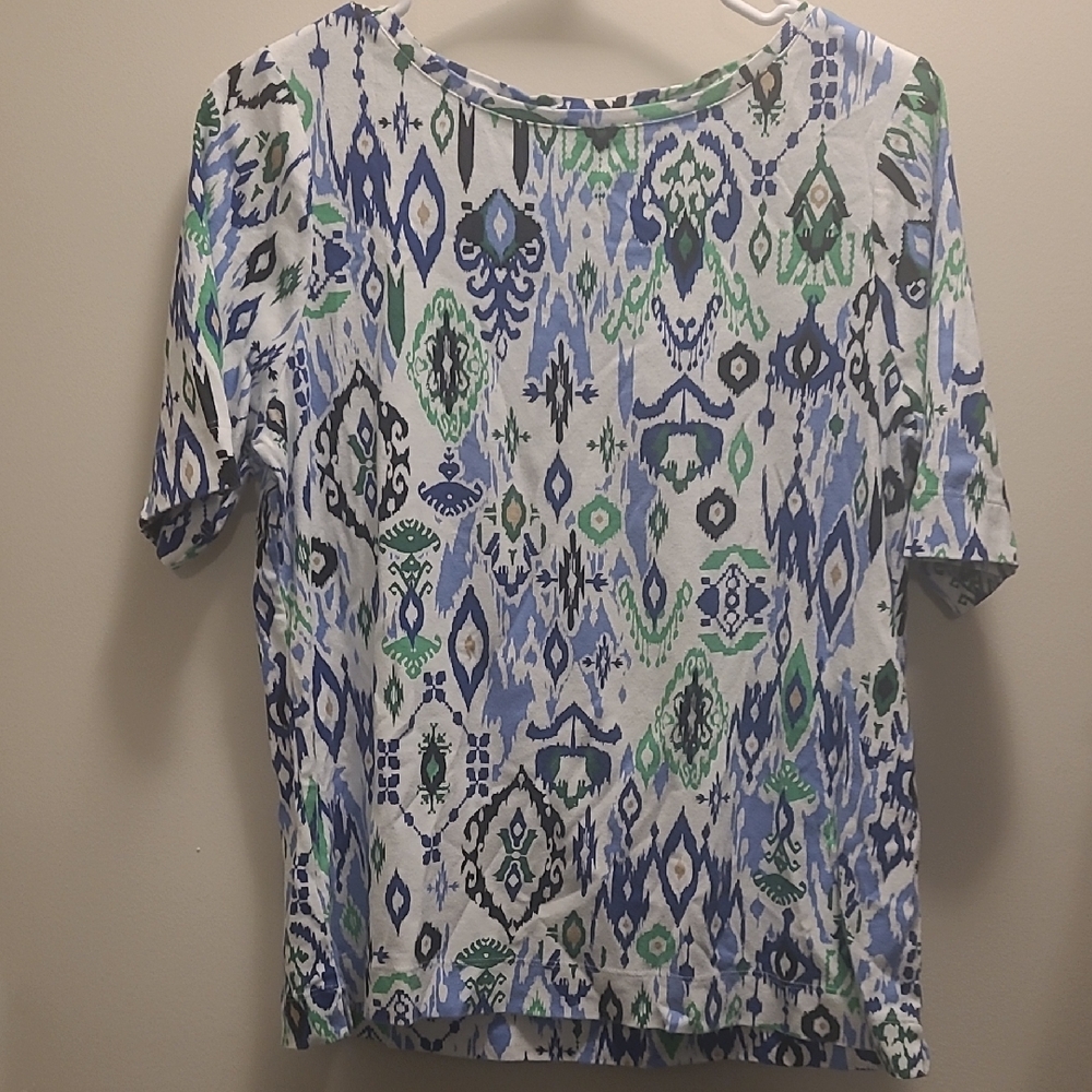 Chico's Blue and Purple Graphic Short Sleeve Blouse